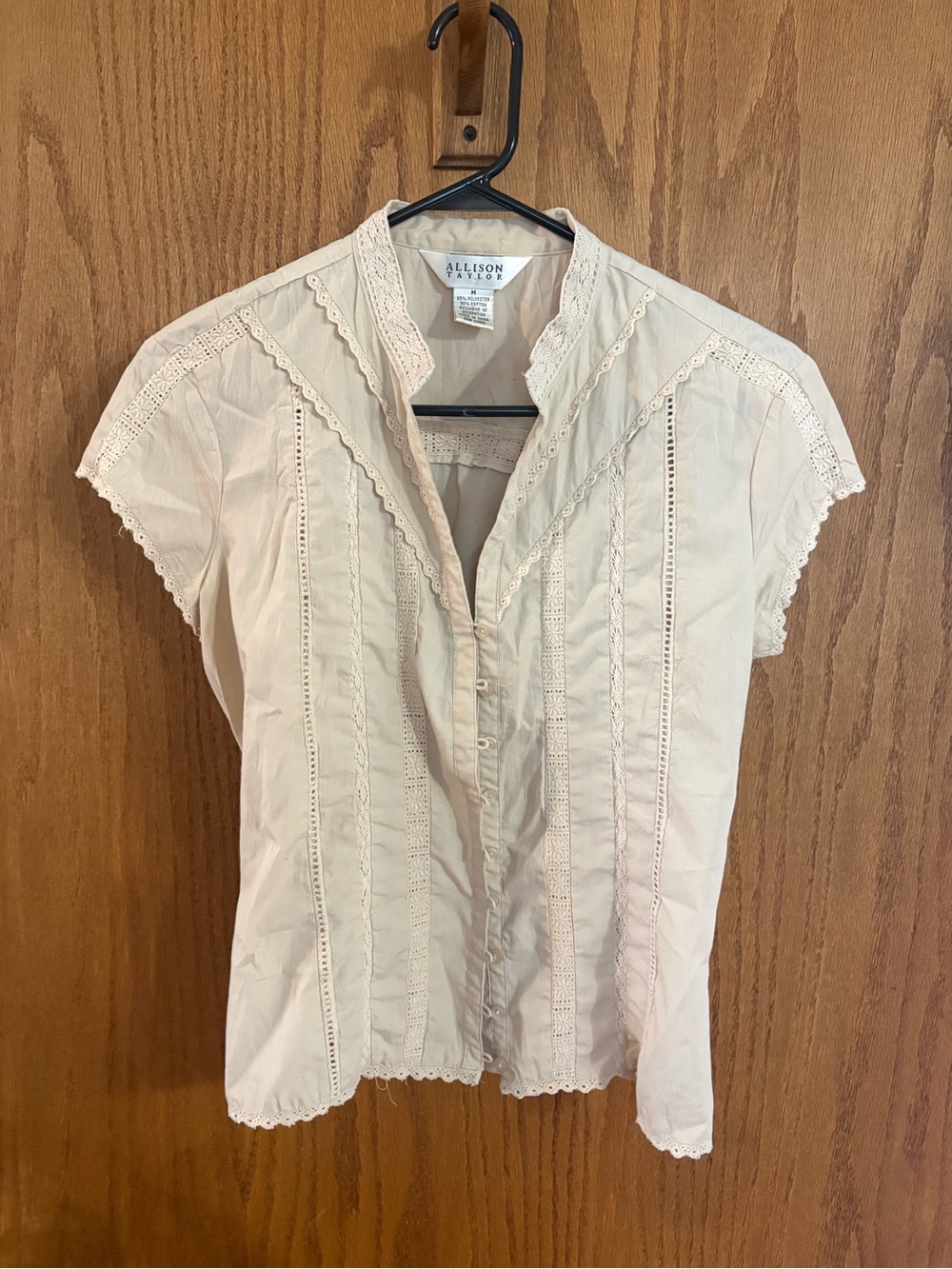 Allison Taylor Cream Lace-Trim Cap-Sleeve Blouse